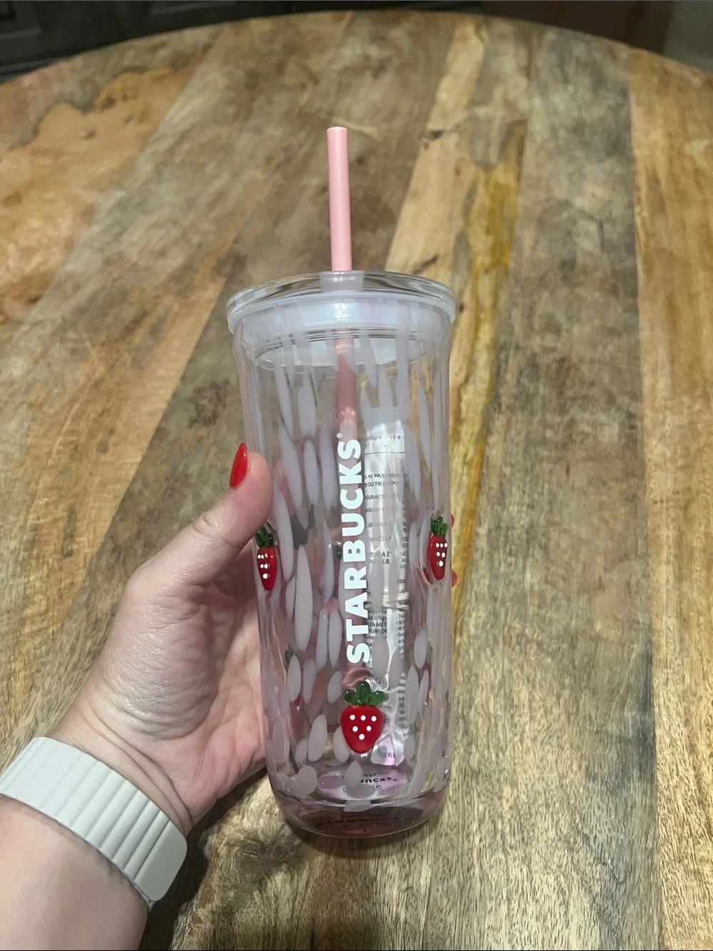 Starbucks Icon glass with Pink Straw and Red Strawberry Accents